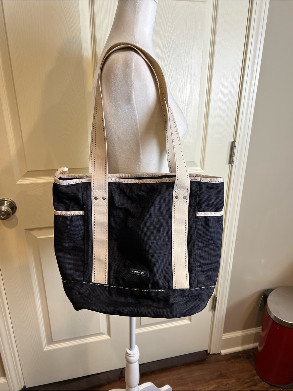 Lands' End Black nylon boat Tote with Cream Handles zip top